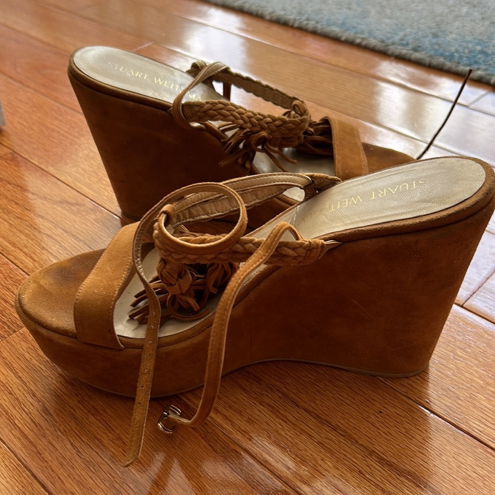 Stuart Weitzman brown suede wedge heels with criss cross braid detail - Picture 5 of 6